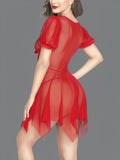 Women’s  Sheer Babydoll Nightdress with Lace Bodice and Puff Sleeves