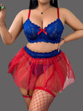 Women’s Blue Lace Lingerie Set with Red Sheer Garter Skirt and Matching Thong ( RDB58 )