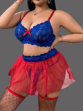 Women’s Blue Lace Lingerie Set with Red Sheer Garter Skirt and Matching Thong ( RDB58 )