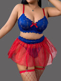 Women’s Blue Lace Lingerie Set with Red Sheer Garter Skirt and Matching Thong ( RDB58 )