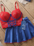 Women’s Lace Corset Lingerie Set with Skater Skirt and Bow-Detail Stockings