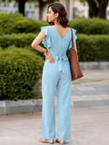 LENIA Women’s Maroon Heavy Vista Georgette Jumpsuit with Ruffle Sleeves and Waist Tie Belt