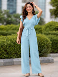 LENIA Women’s Maroon Heavy Vista Georgette Jumpsuit with Ruffle Sleeves and Waist Tie Belt