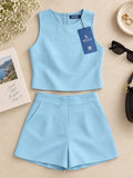 LENIA Women's Sleeveless Red Co-Ord Set | Round Neck Crop Top and Matching Shorts | Casual Summer Two-Piece Outfit