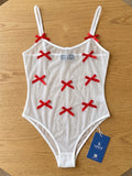 Women’s White Sheer Bodysuit with Red Bow Details and Adjustable Straps ( RDB38 )