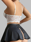 Women’s Lace Corset Lingerie Set with Skater Skirt and Bow-Detail Stockings