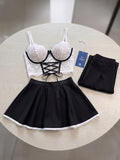 Women’s Lace Corset Lingerie Set with Skater Skirt and Bow-Detail Stockings