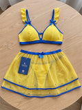 Women’s Yellow and Blue Mesh Babydoll Lingerie Set with Flared Skirt ( RDB02 )