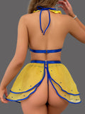 Women’s Yellow and Blue Mesh Babydoll Lingerie Set with Flared Skirt ( RDB02 )